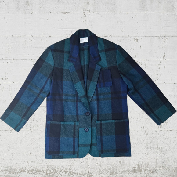 80s Vintage Pendleton Black Watch Green Navy Plaid Wool Deadstock Blazer Size 12